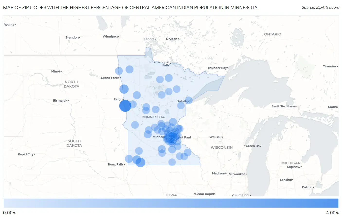 Zip Codes with the Highest Percentage of Central American Indian Population in Minnesota Map