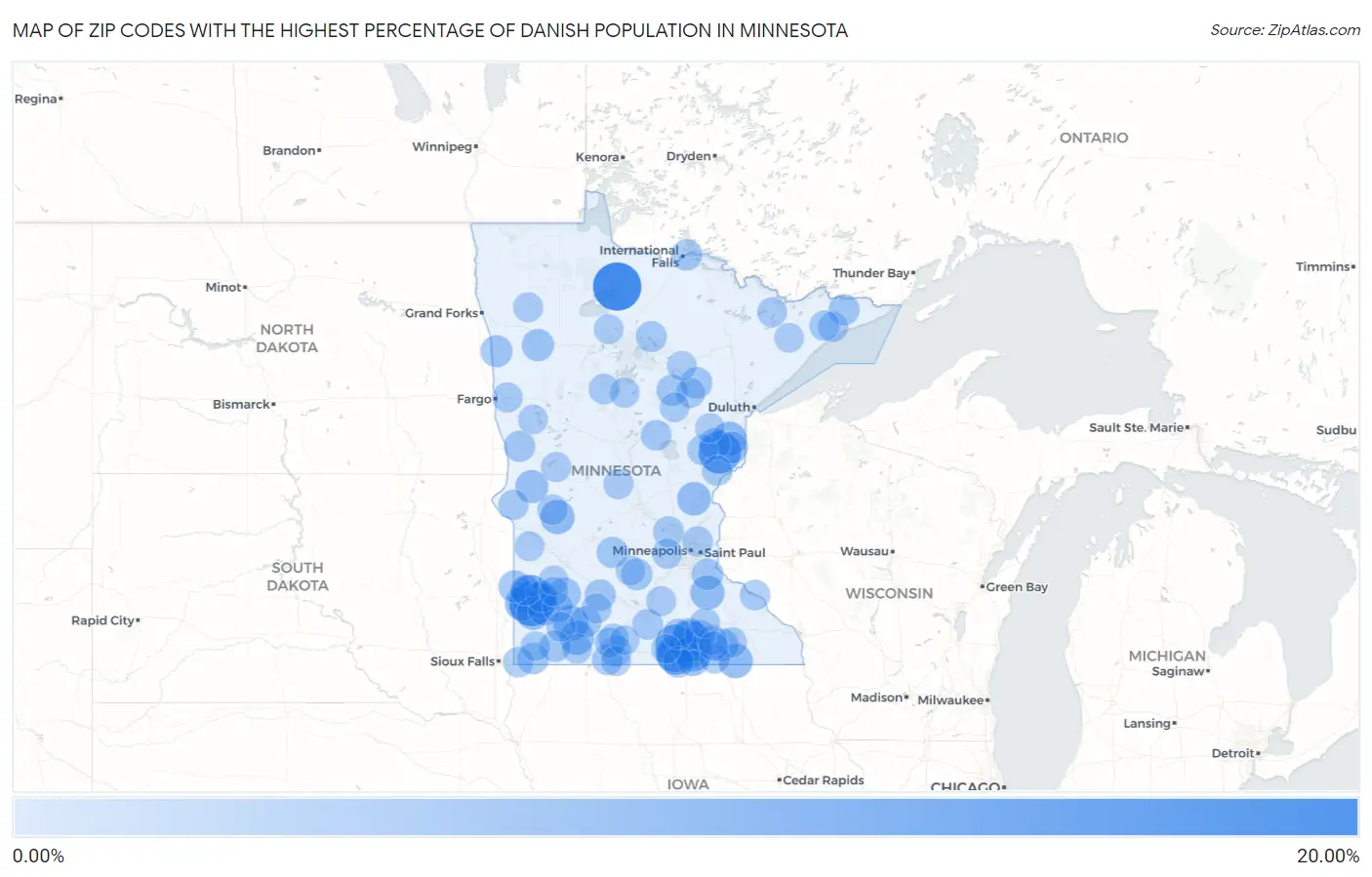 Zip Codes with the Highest Percentage of Danish Population in Minnesota Map