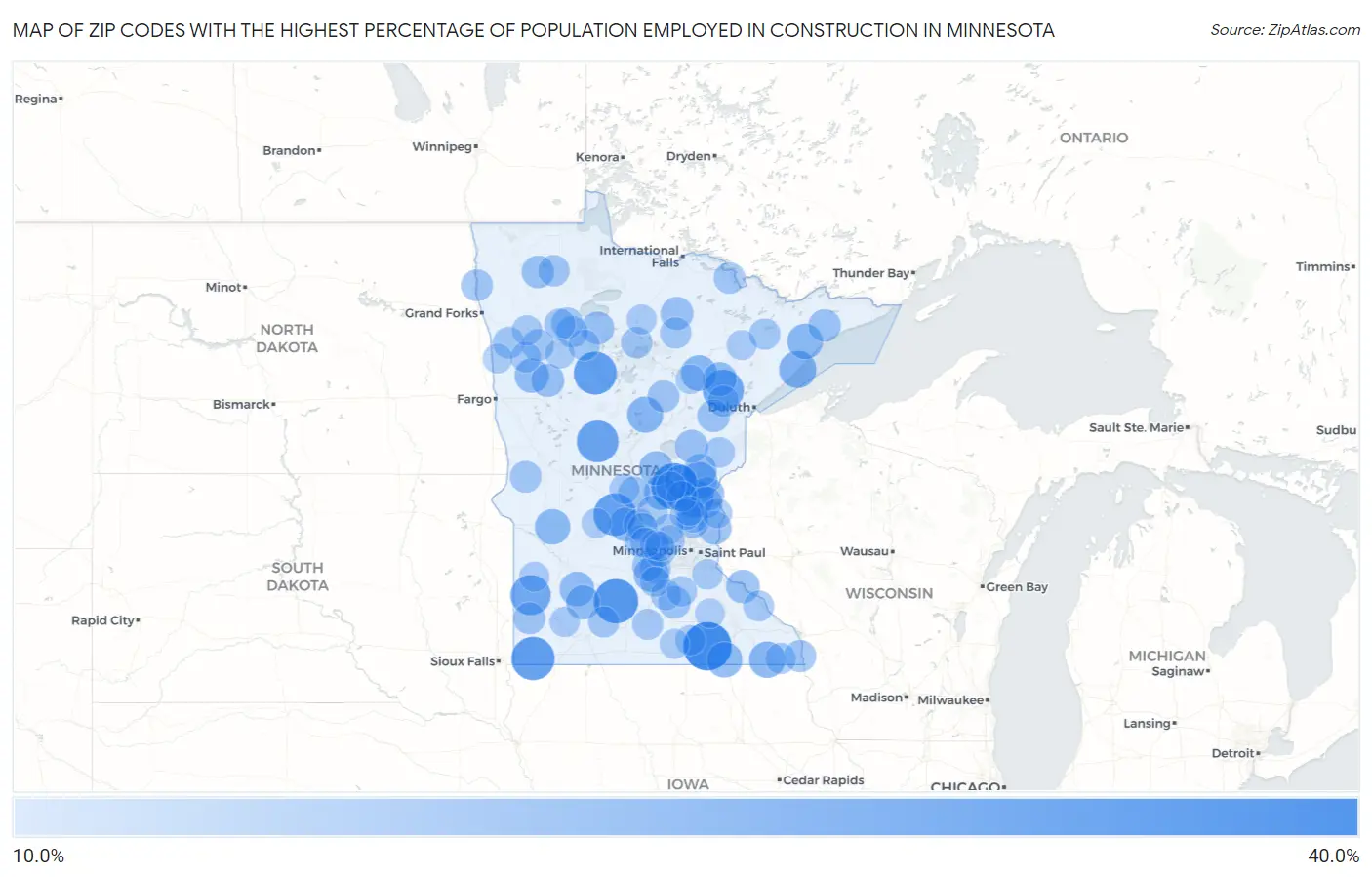 Zip Codes with the Highest Percentage of Population Employed in Construction in Minnesota Map