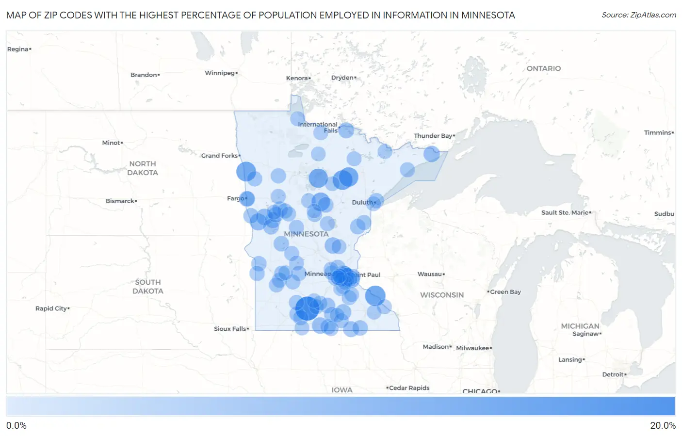 Zip Codes with the Highest Percentage of Population Employed in Information in Minnesota Map