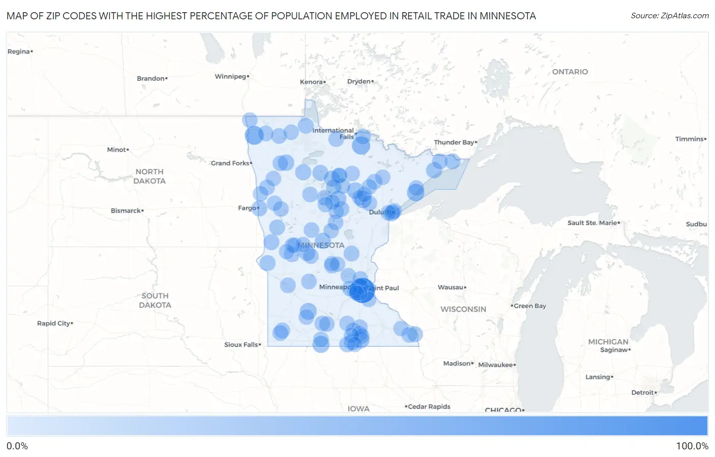 Zip Codes with the Highest Percentage of Population Employed in Retail Trade in Minnesota Map