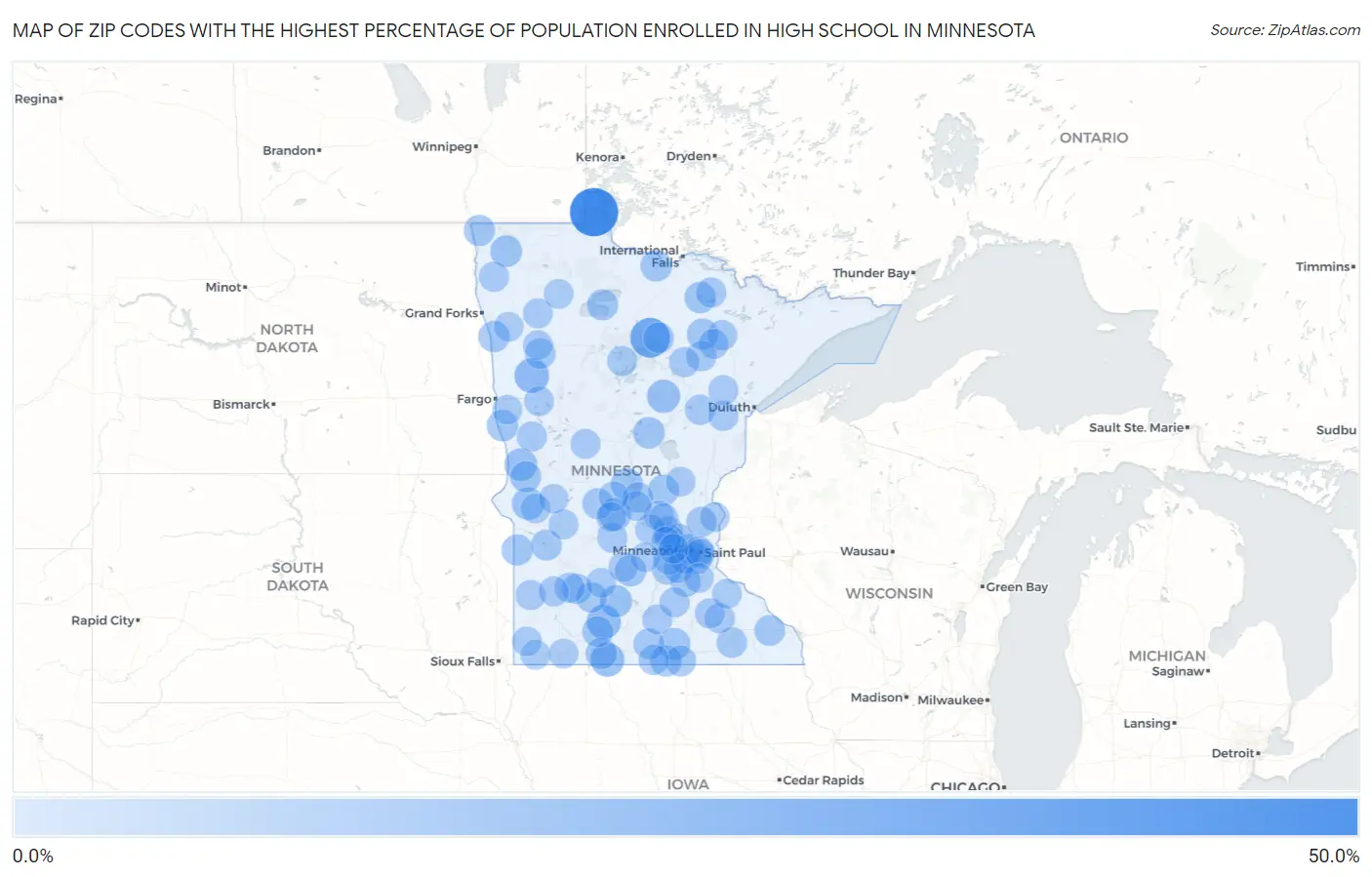 Zip Codes with the Highest Percentage of Population Enrolled in High School in Minnesota Map