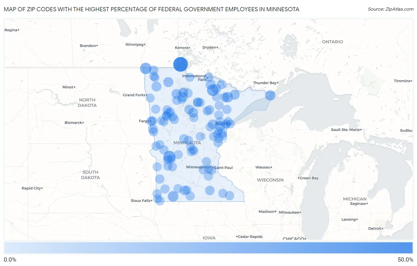 Zip Codes with the Highest Percentage of Federal Government Employees in Minnesota Map