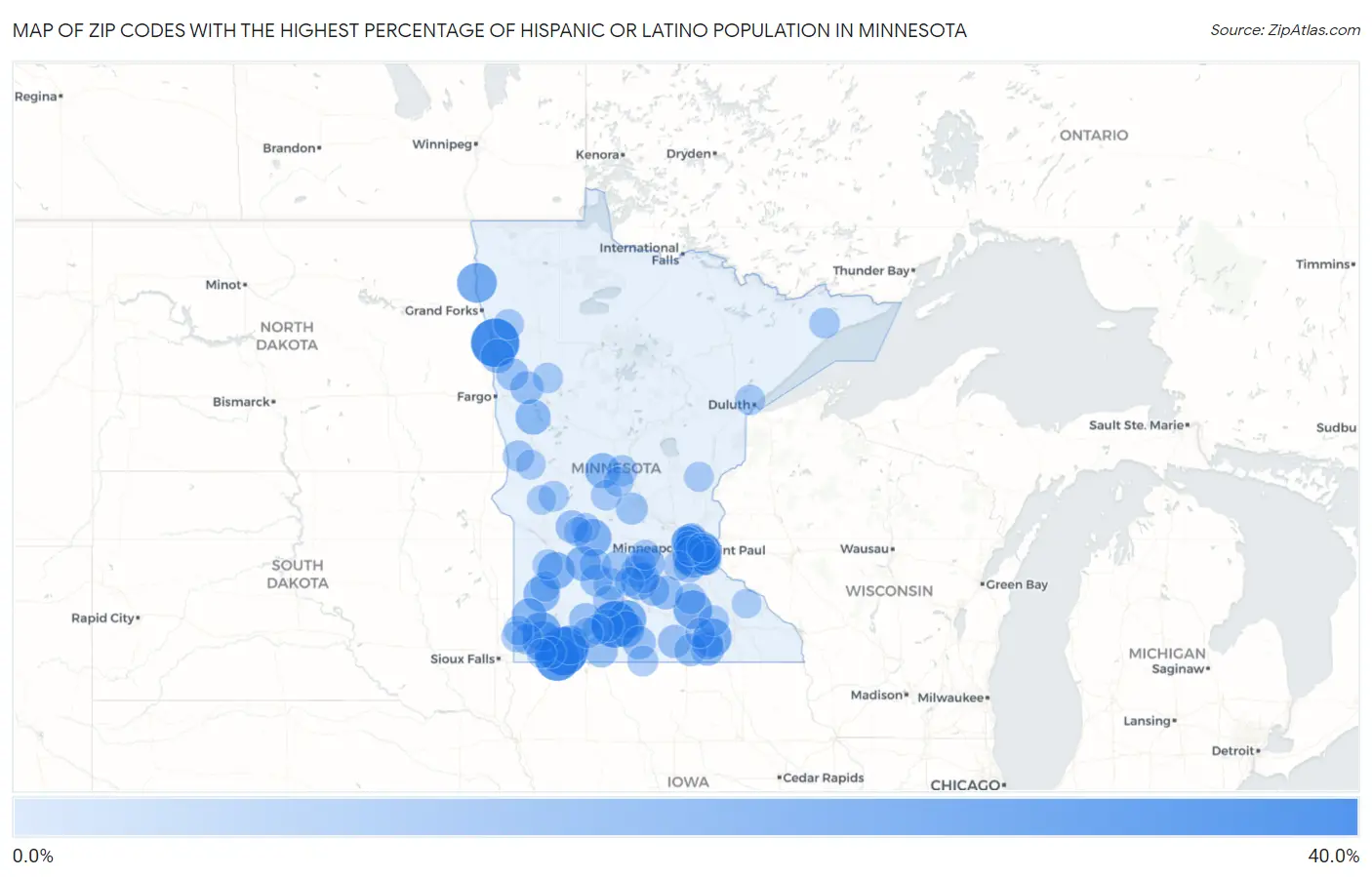 Zip Codes with the Highest Percentage of Hispanic or Latino Population in Minnesota Map