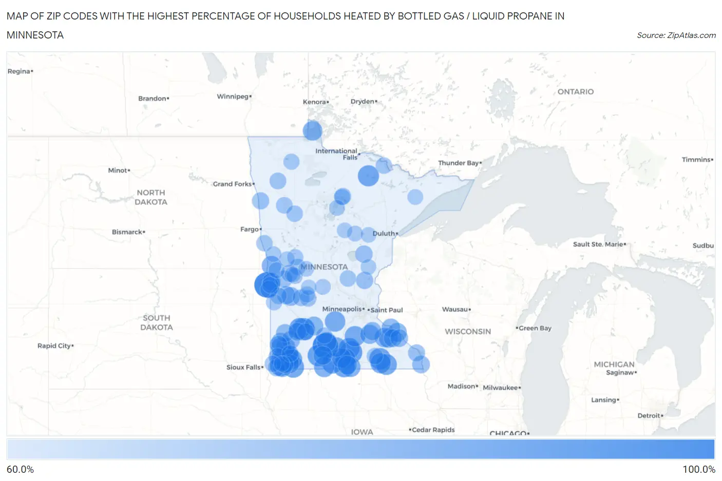 Zip Codes with the Highest Percentage of Households Heated by Bottled Gas / Liquid Propane in Minnesota Map