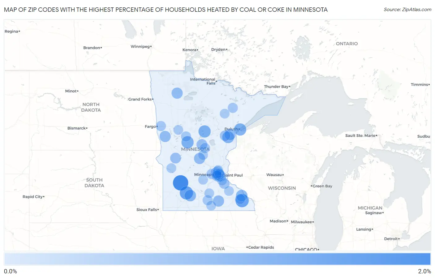 Zip Codes with the Highest Percentage of Households Heated by Coal or Coke in Minnesota Map