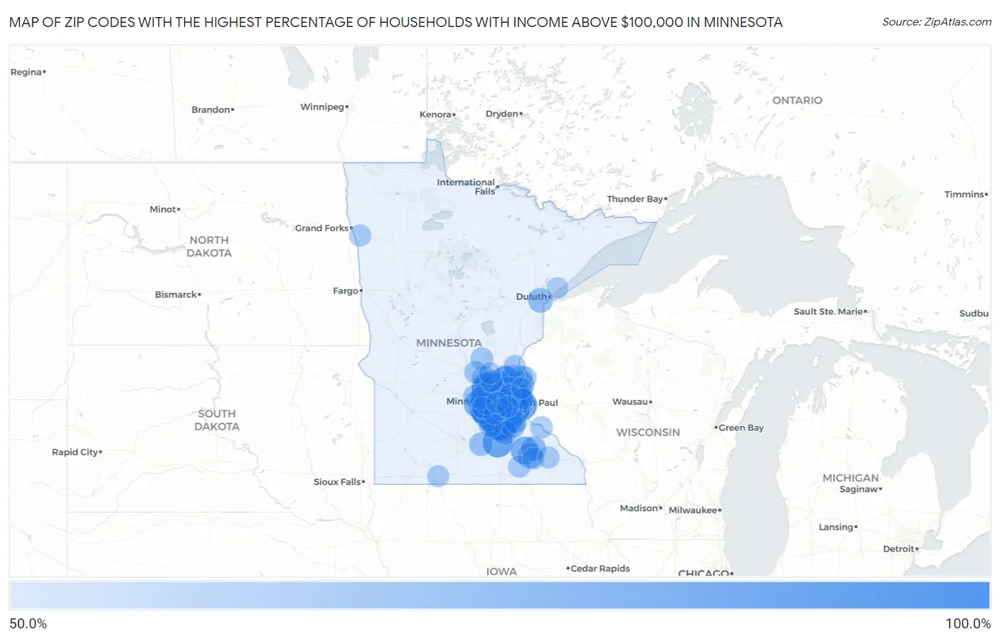 Zip Codes with the Highest Percentage of Households with Income Above $100,000 in Minnesota Map