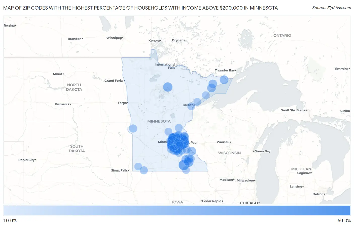 Zip Codes with the Highest Percentage of Households with Income Above $200,000 in Minnesota Map