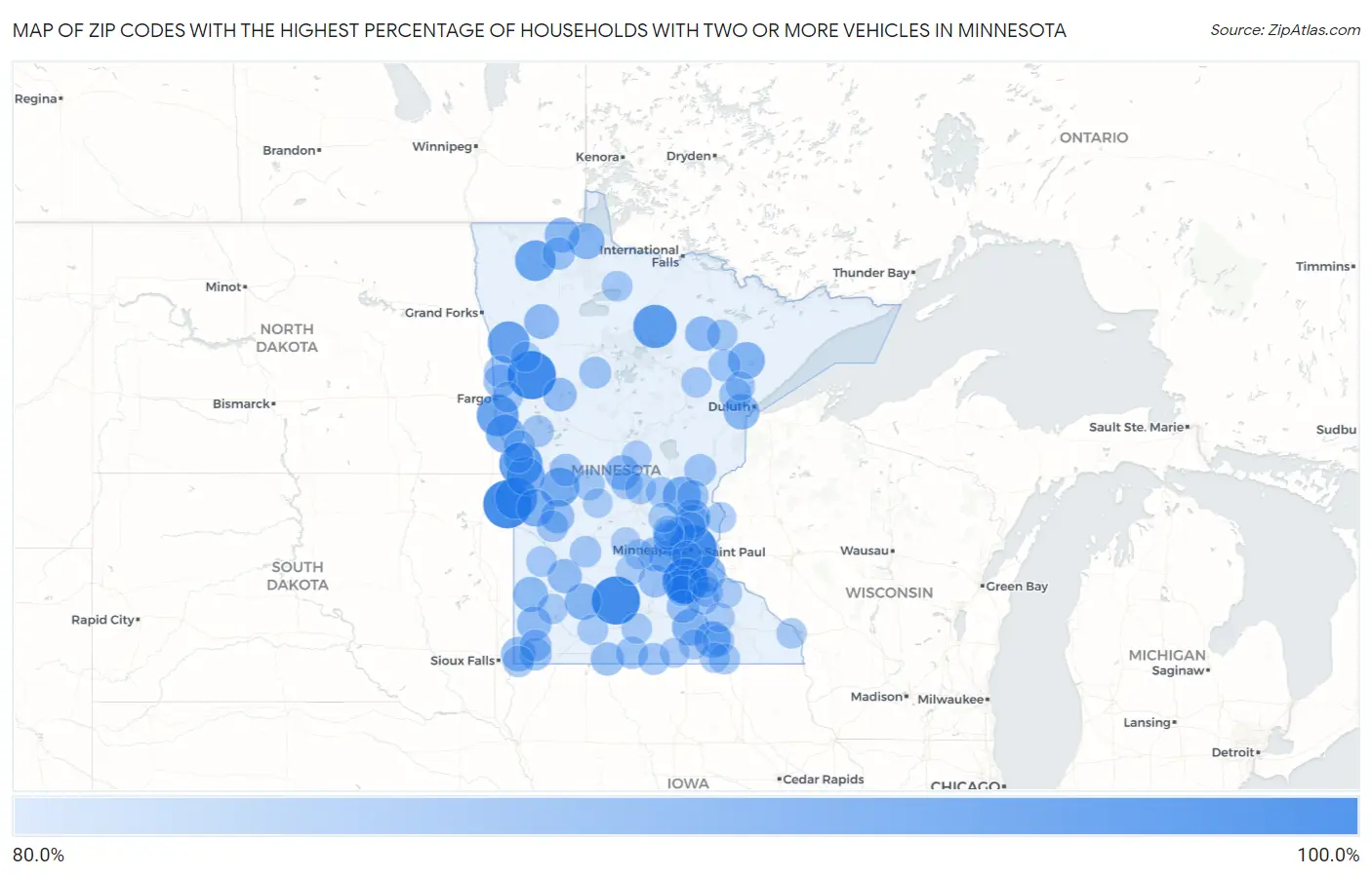 Zip Codes with the Highest Percentage of Households With Two or more Vehicles in Minnesota Map