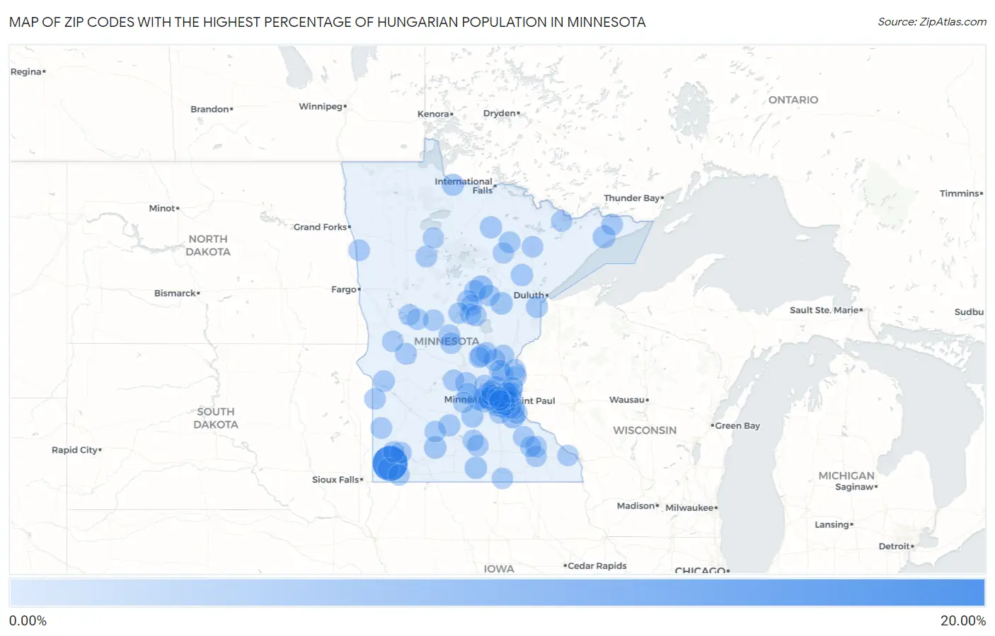 Zip Codes with the Highest Percentage of Hungarian Population in Minnesota Map