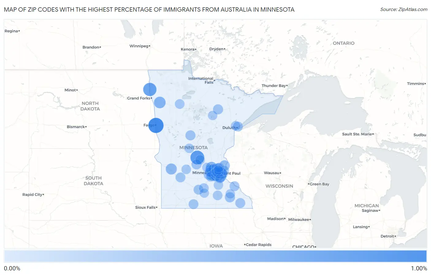 Zip Codes with the Highest Percentage of Immigrants from Australia in Minnesota Map