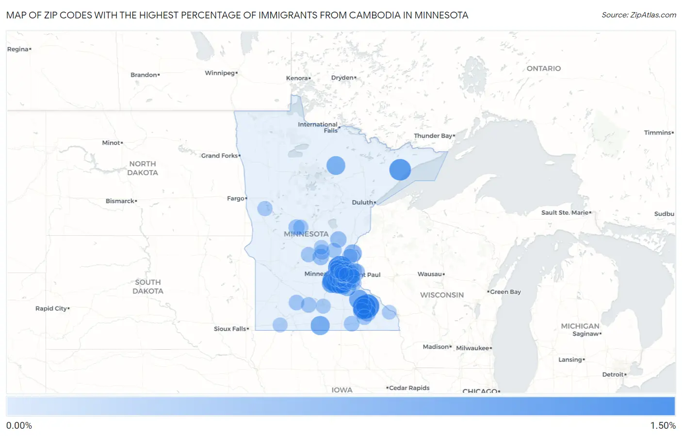 Zip Codes with the Highest Percentage of Immigrants from Cambodia in Minnesota Map