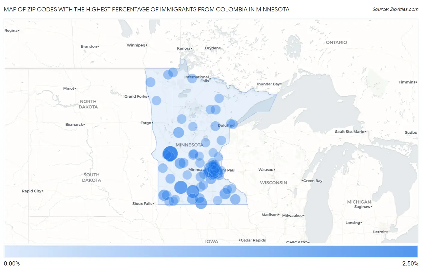 Zip Codes with the Highest Percentage of Immigrants from Colombia in Minnesota Map