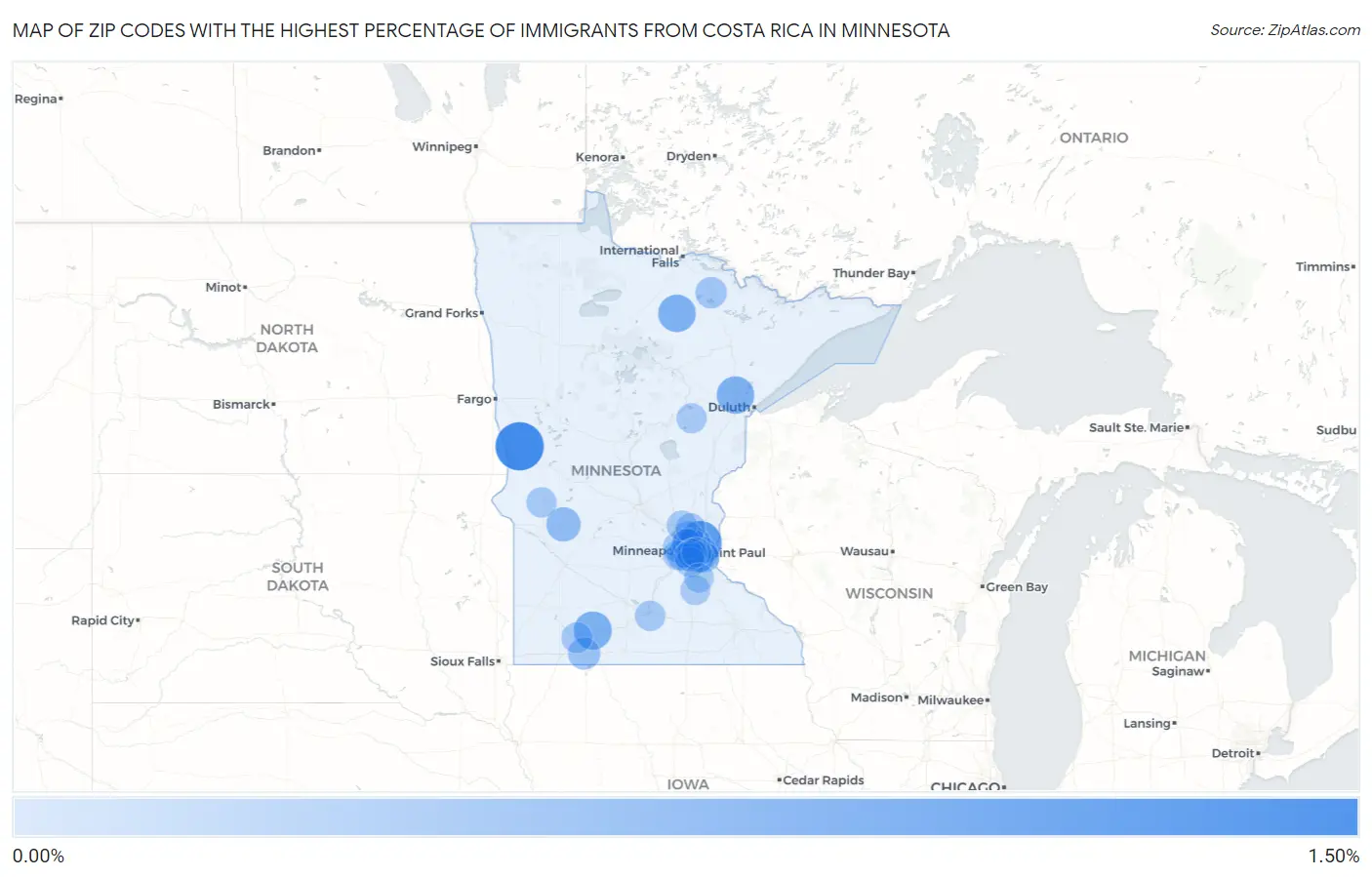 Zip Codes with the Highest Percentage of Immigrants from Costa Rica in Minnesota Map