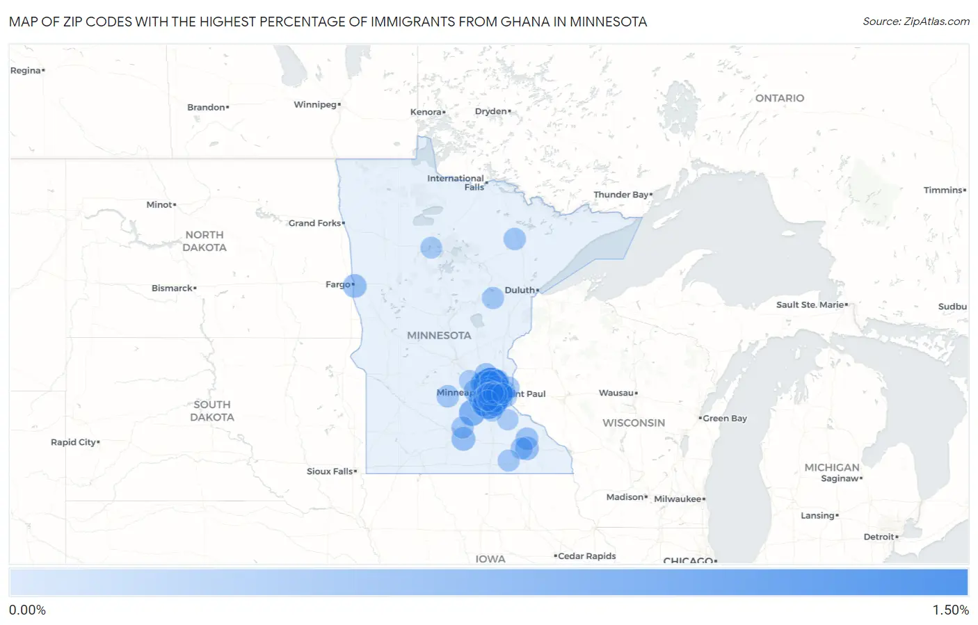 Zip Codes with the Highest Percentage of Immigrants from Ghana in Minnesota Map
