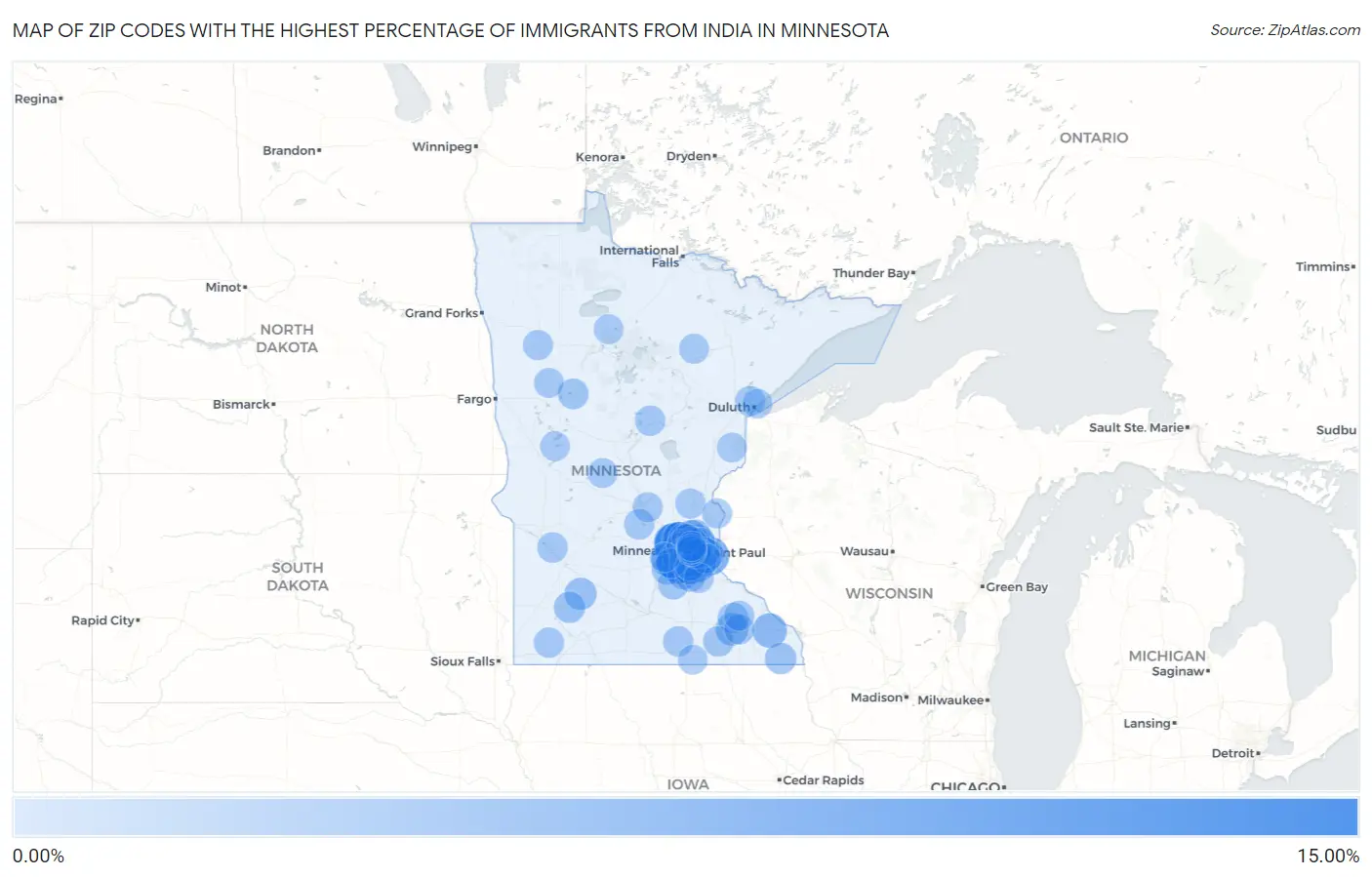 Zip Codes with the Highest Percentage of Immigrants from India in Minnesota Map