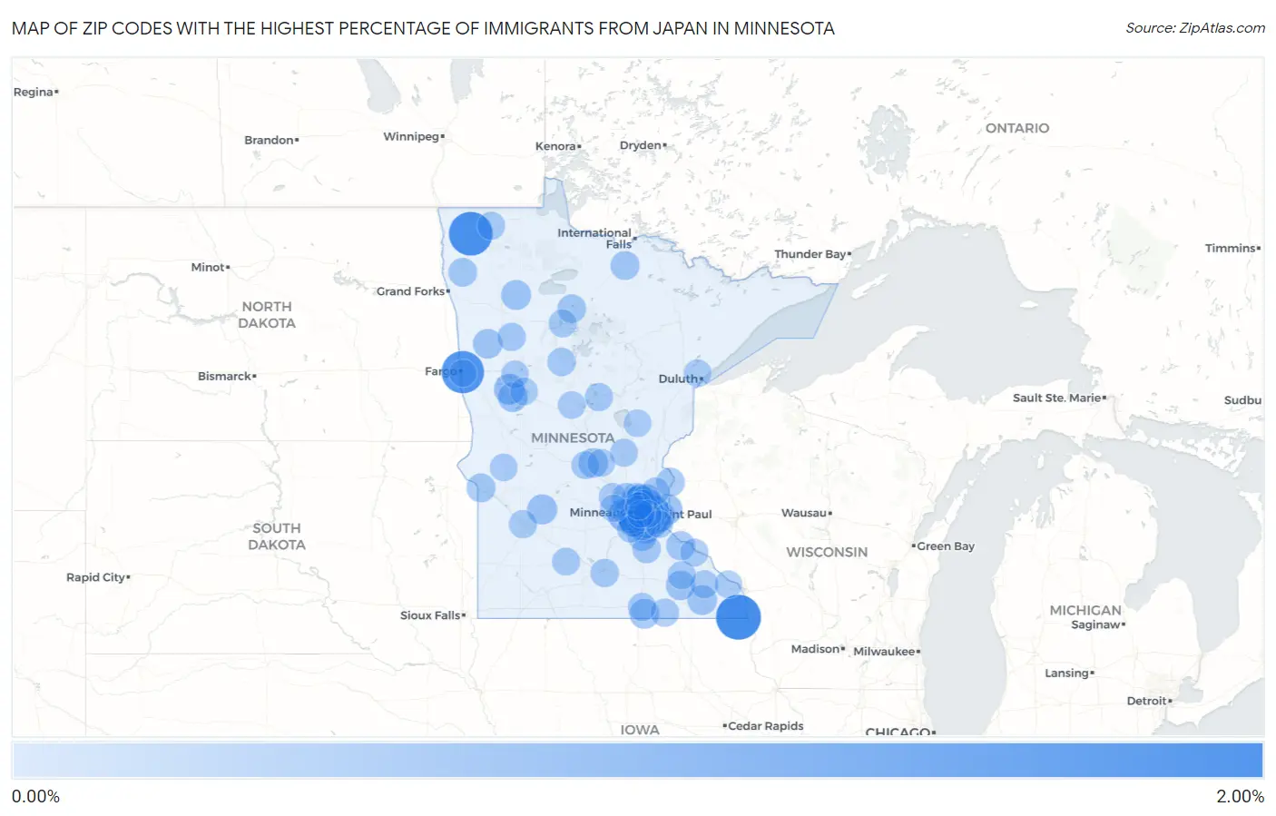 Zip Codes with the Highest Percentage of Immigrants from Japan in Minnesota Map