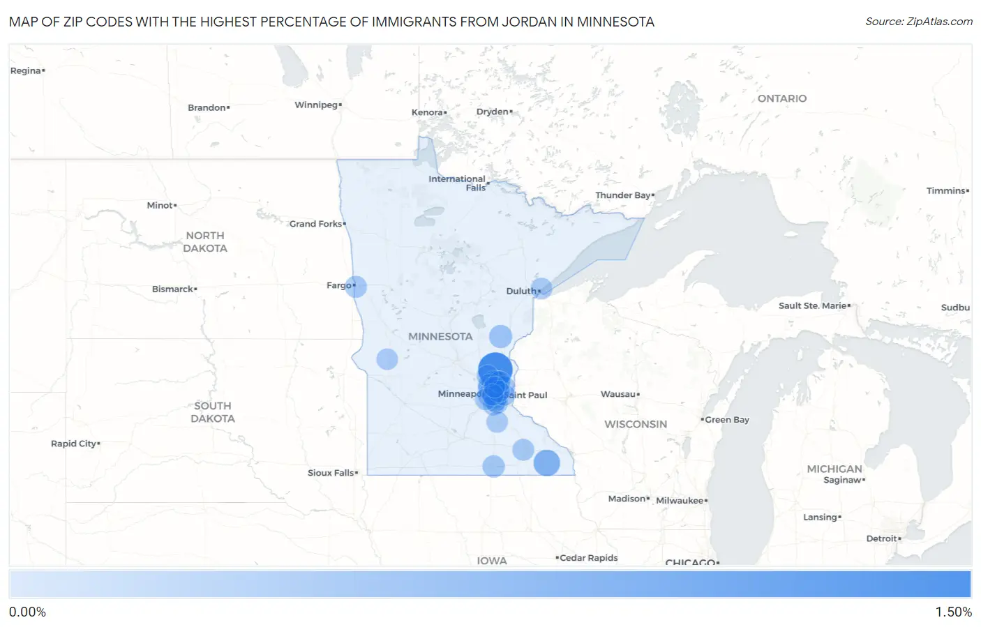 Zip Codes with the Highest Percentage of Immigrants from Jordan in Minnesota Map