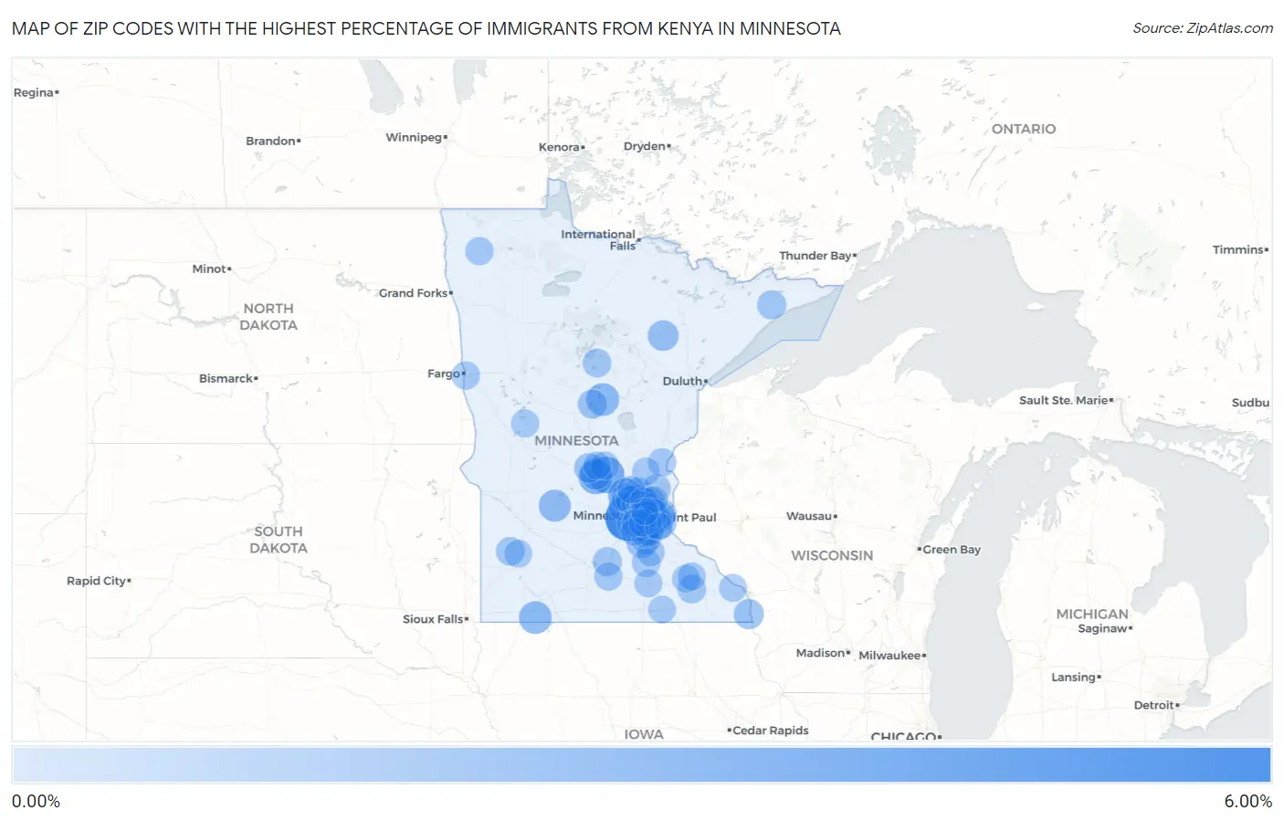 Zip Codes with the Highest Percentage of Immigrants from Kenya in Minnesota Map