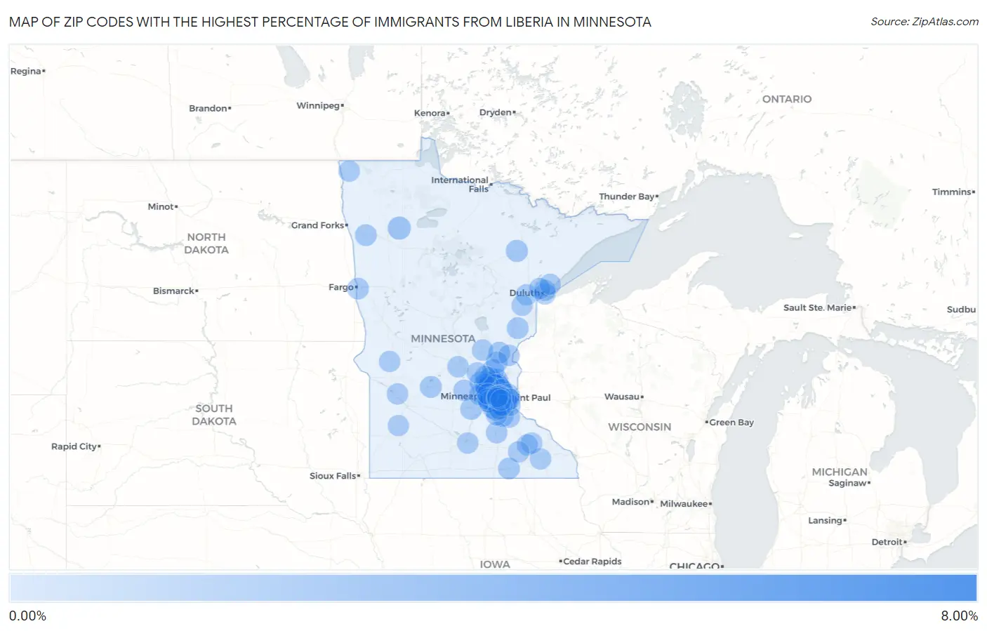 Zip Codes with the Highest Percentage of Immigrants from Liberia in Minnesota Map