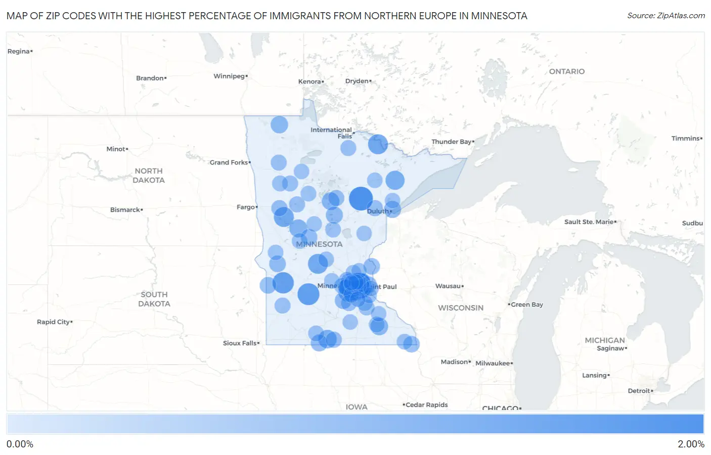 Zip Codes with the Highest Percentage of Immigrants from Northern Europe in Minnesota Map