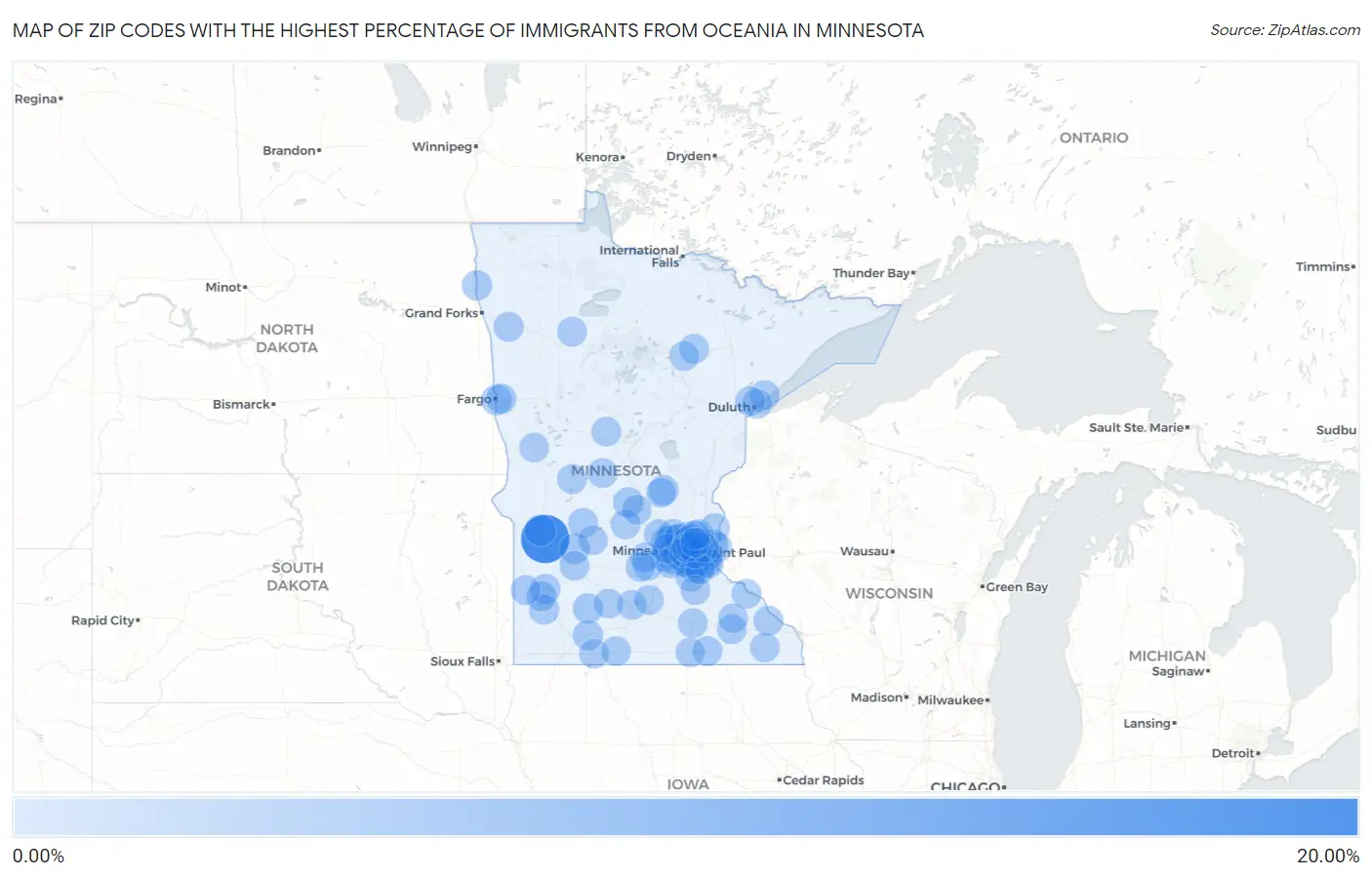 Zip Codes with the Highest Percentage of Immigrants from Oceania in Minnesota Map