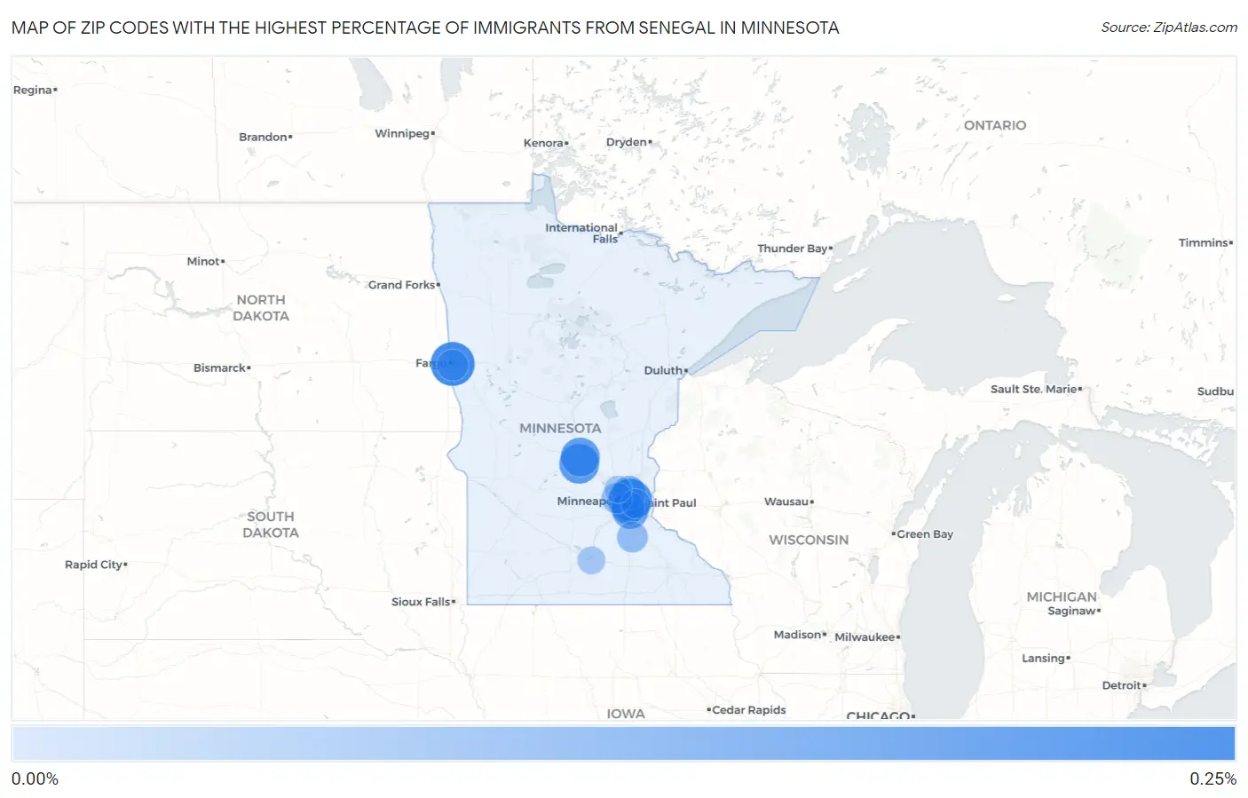 Zip Codes with the Highest Percentage of Immigrants from Senegal in Minnesota Map