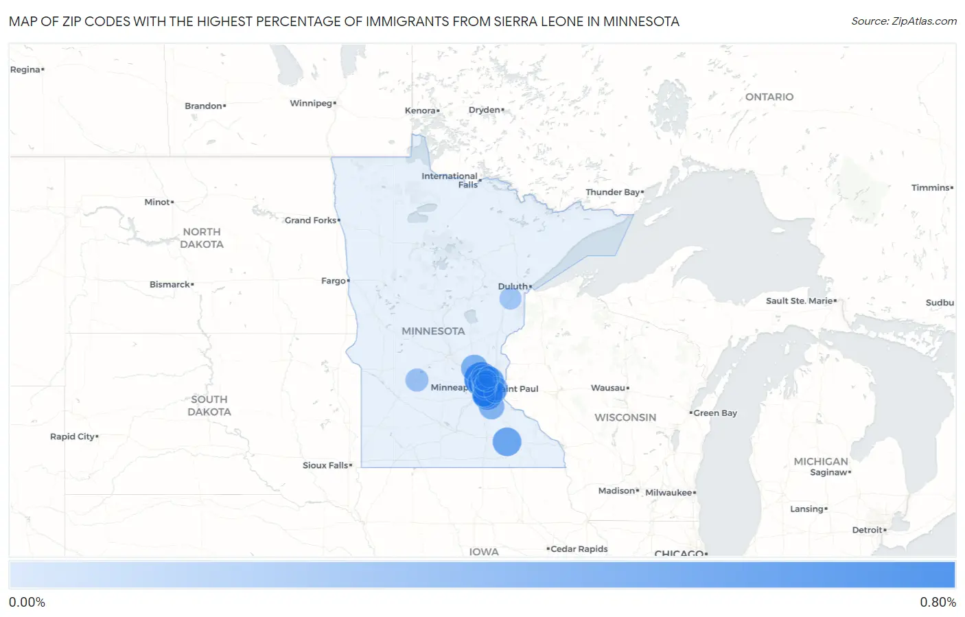 Zip Codes with the Highest Percentage of Immigrants from Sierra Leone in Minnesota Map