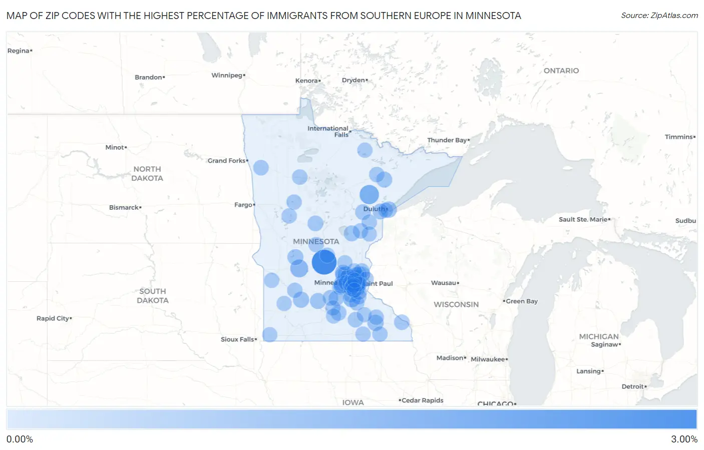 Zip Codes with the Highest Percentage of Immigrants from Southern Europe in Minnesota Map