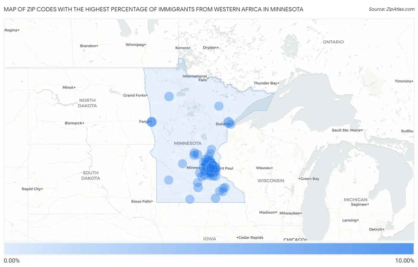 Zip Codes with the Highest Percentage of Immigrants from Western Africa in Minnesota Map