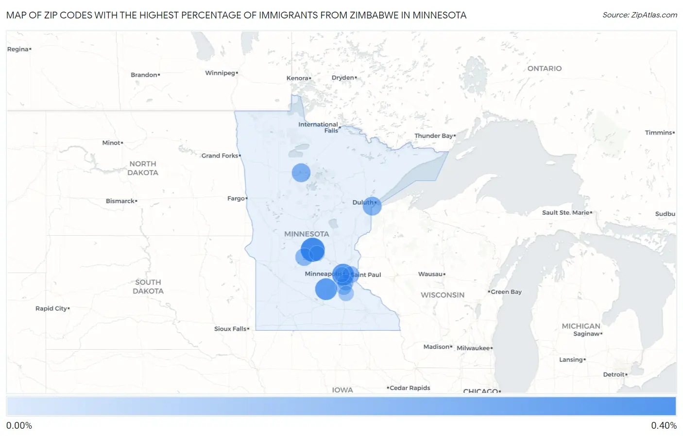 Zip Codes with the Highest Percentage of Immigrants from Zimbabwe in Minnesota Map