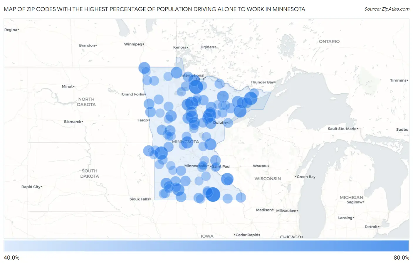 Zip Codes with the Highest Percentage of Population Driving Alone to Work in Minnesota Map