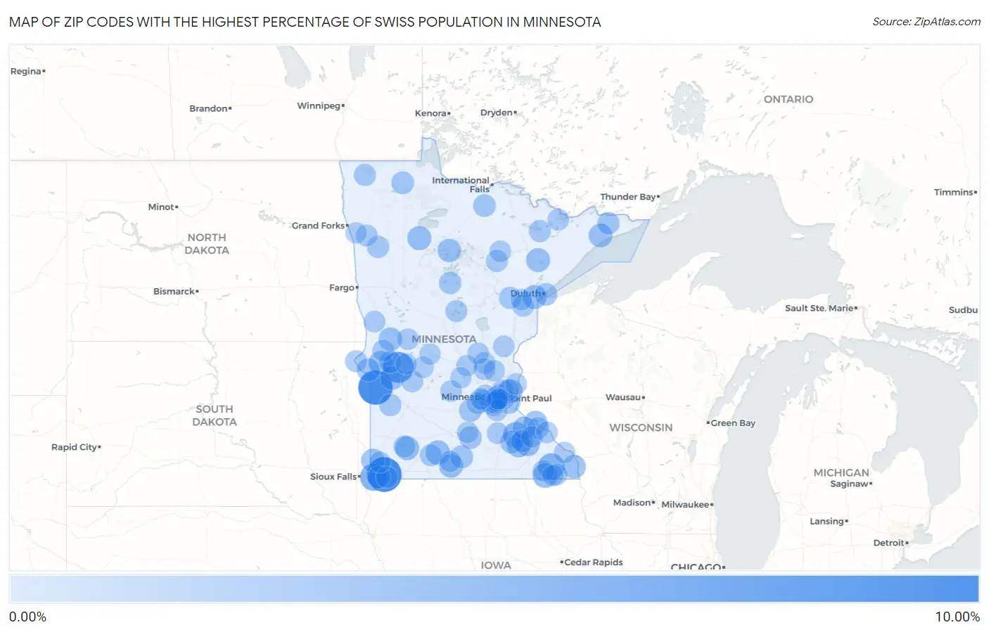 Zip Codes with the Highest Percentage of Swiss Population in Minnesota Map