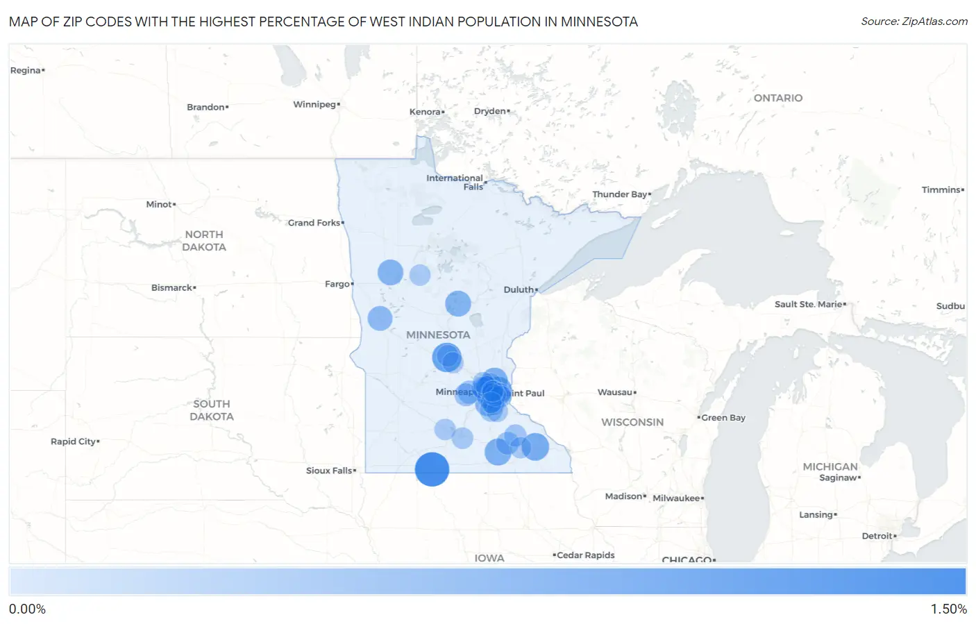 Zip Codes with the Highest Percentage of West Indian Population in Minnesota Map