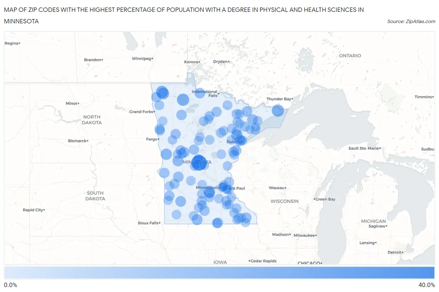 Zip Codes with the Highest Percentage of Population with a Degree in Physical and Health Sciences in Minnesota Map