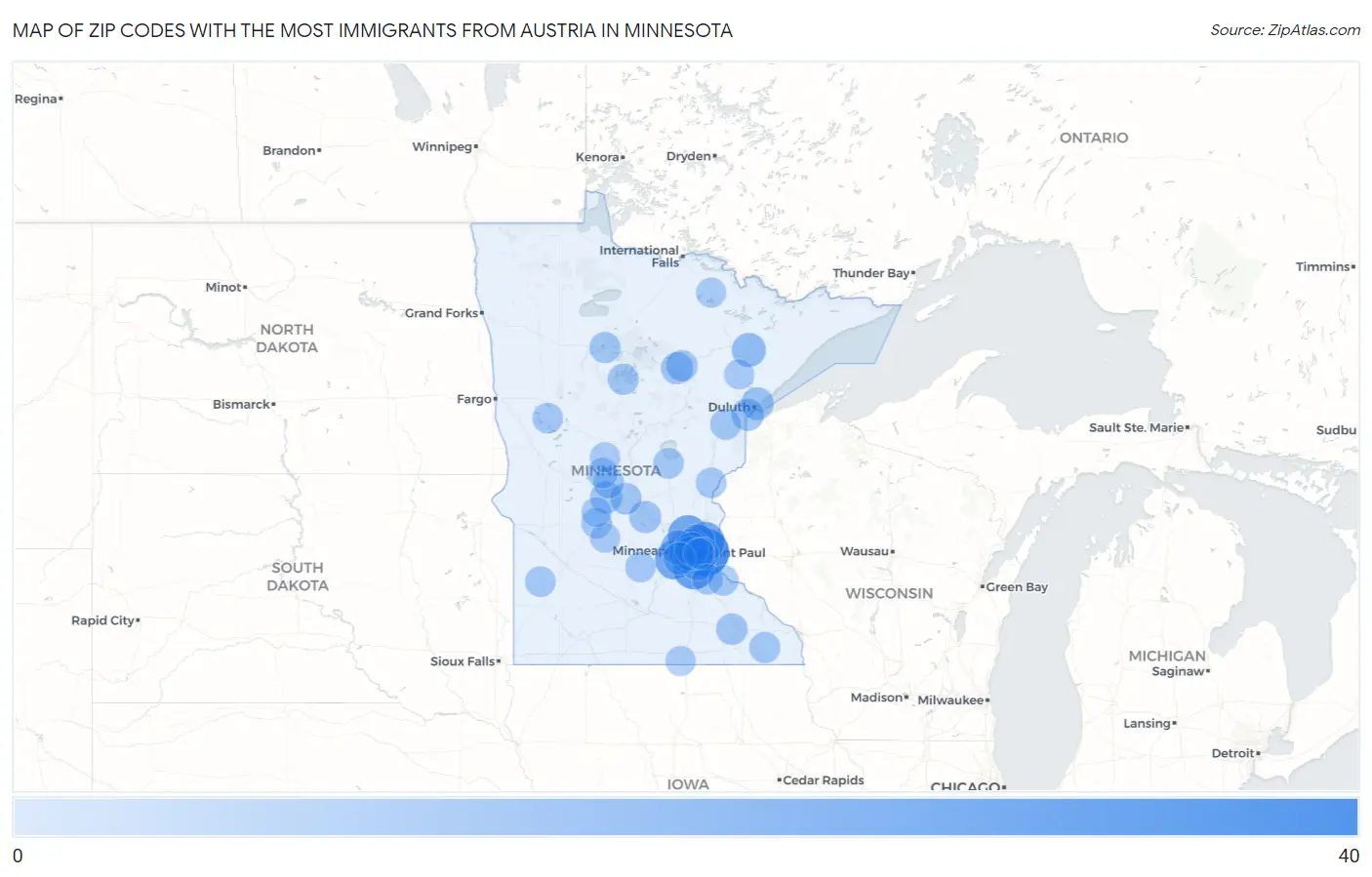 Zip Codes with the Most Immigrants from Austria in Minnesota Map