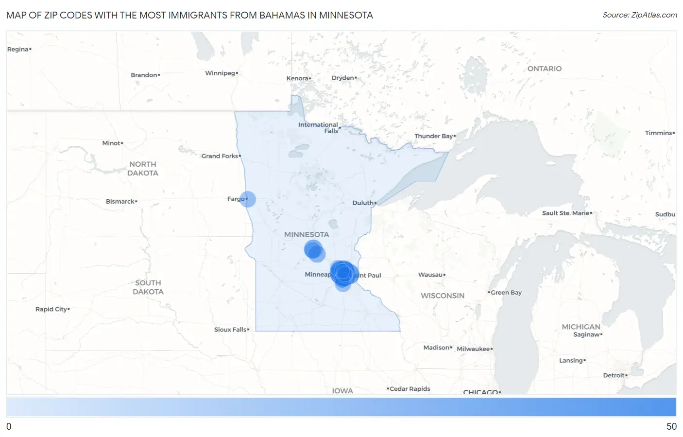 Zip Codes with the Most Immigrants from Bahamas in Minnesota Map