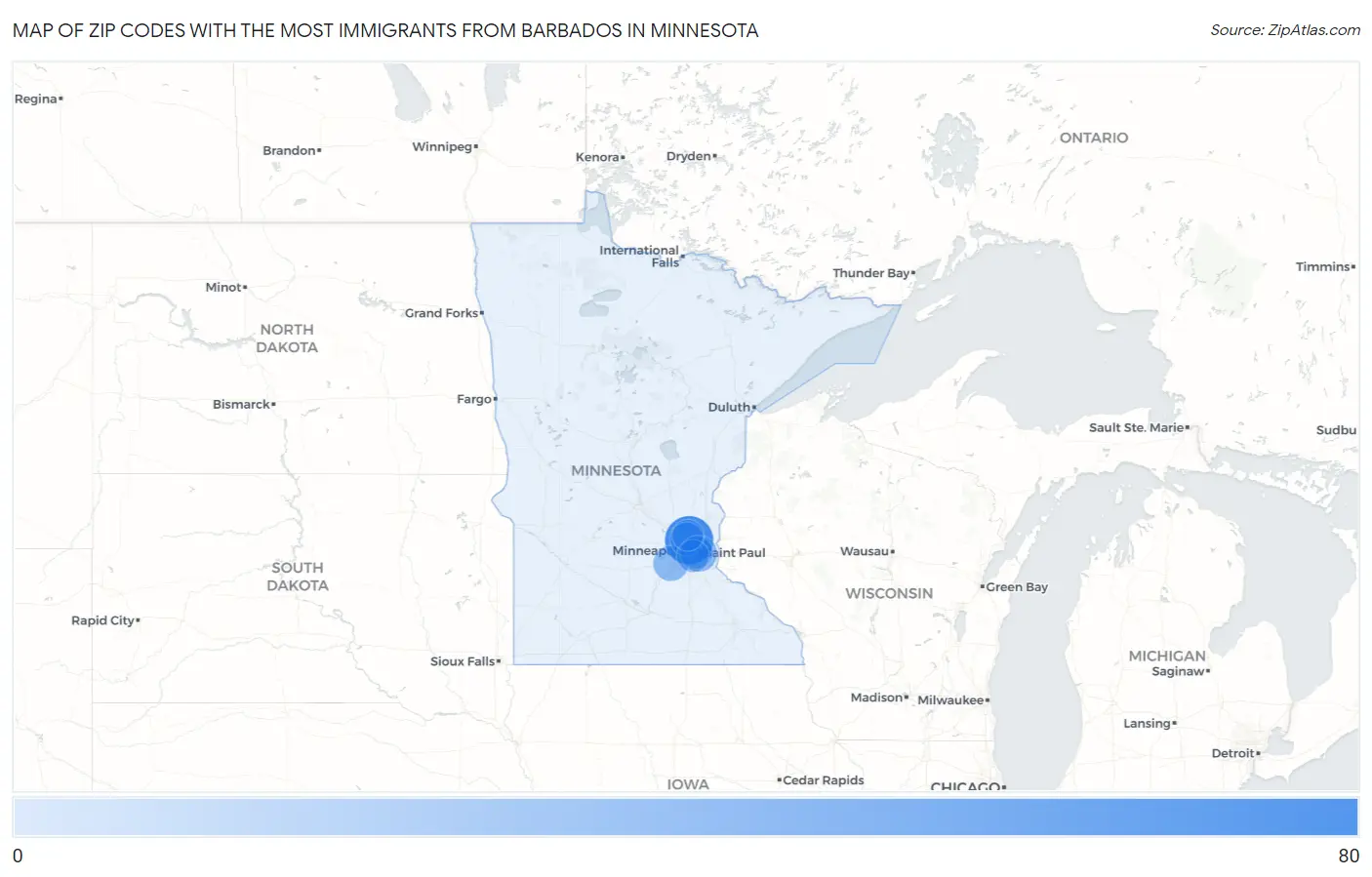 Zip Codes with the Most Immigrants from Barbados in Minnesota Map