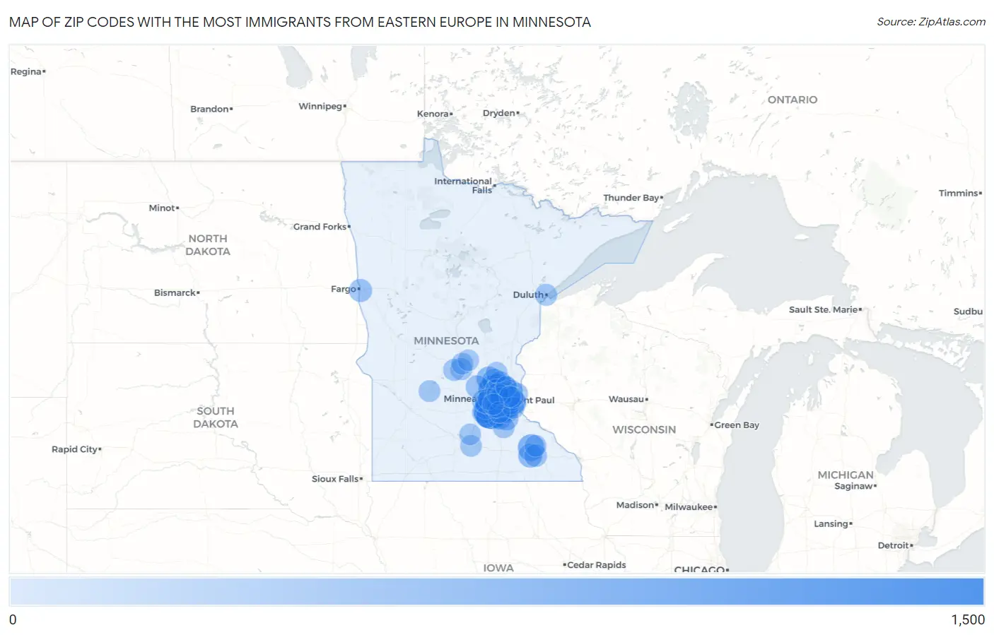 Zip Codes with the Most Immigrants from Eastern Europe in Minnesota Map