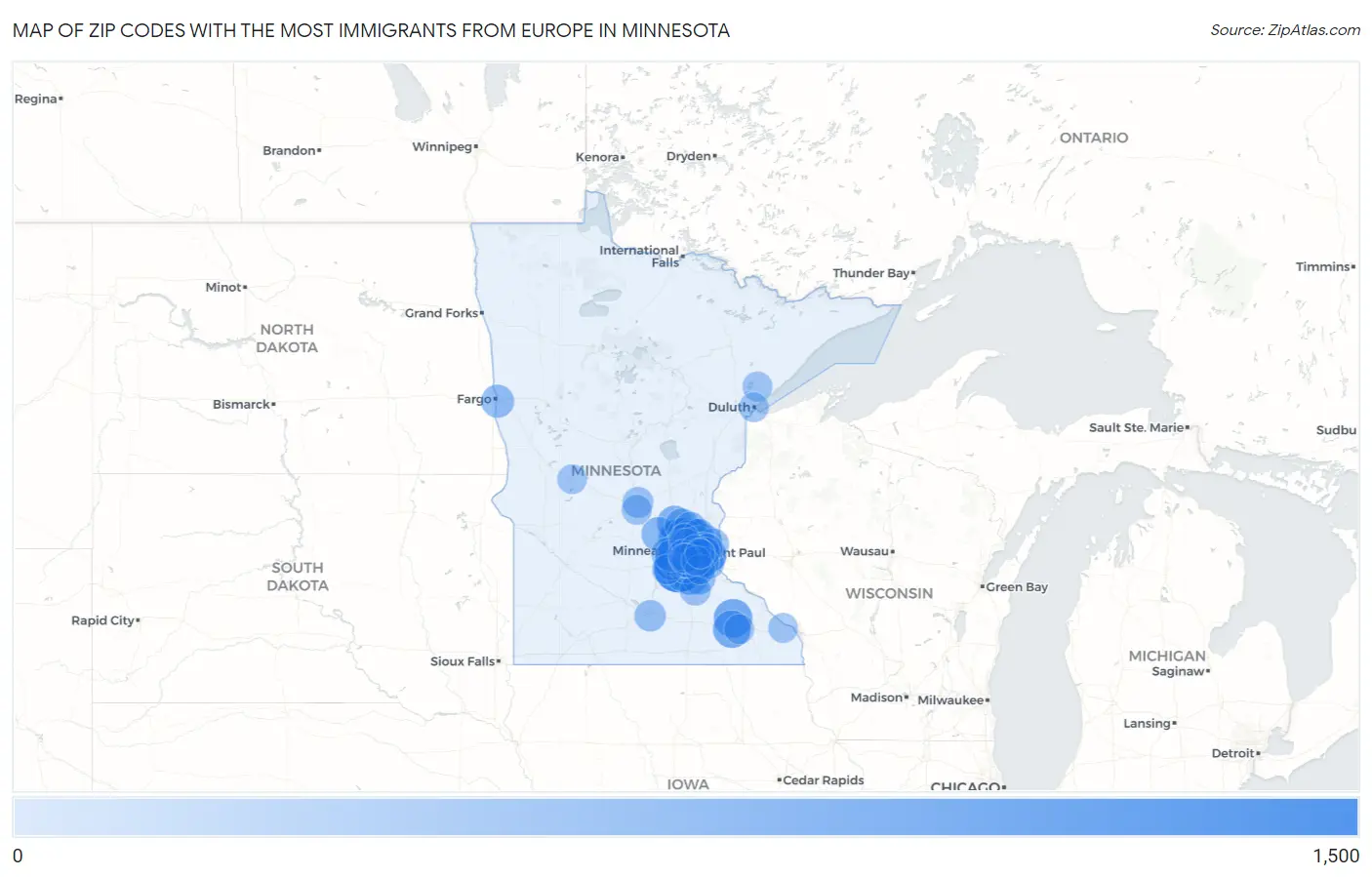 Zip Codes with the Most Immigrants from Europe in Minnesota Map
