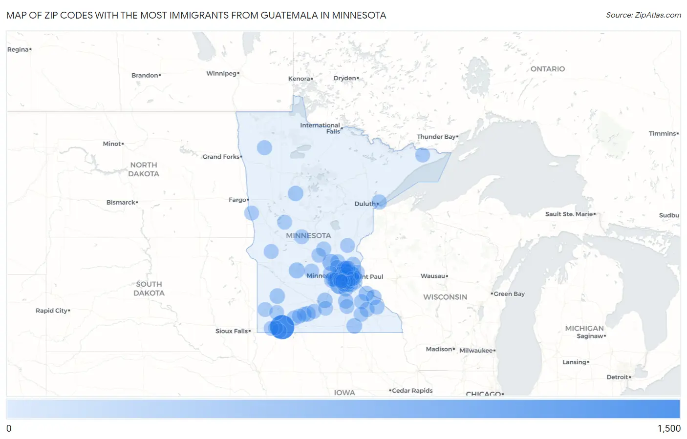 Zip Codes with the Most Immigrants from Guatemala in Minnesota Map