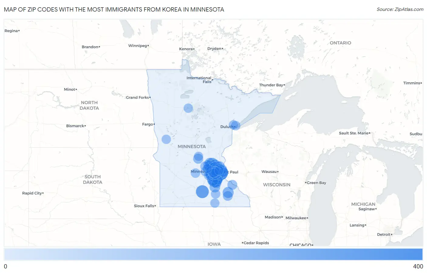 Zip Codes with the Most Immigrants from Korea in Minnesota Map