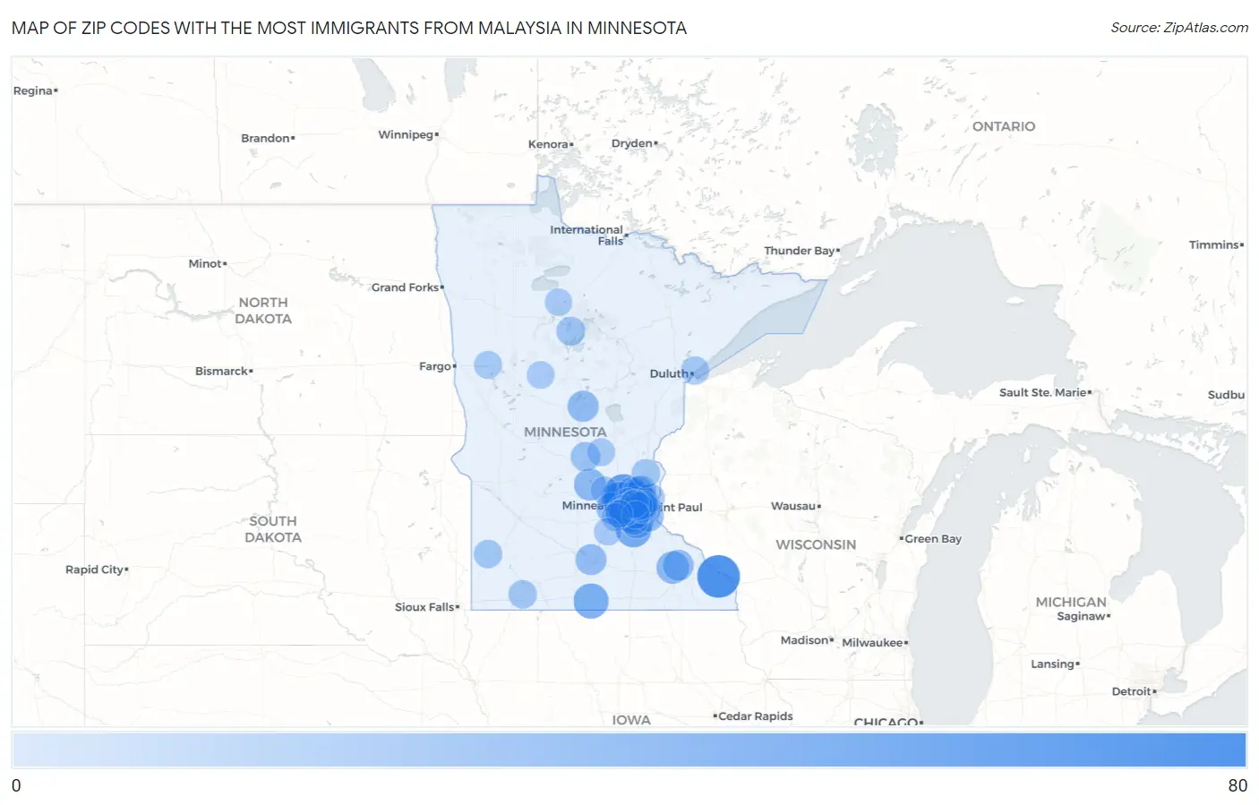 Zip Codes with the Most Immigrants from Malaysia in Minnesota Map