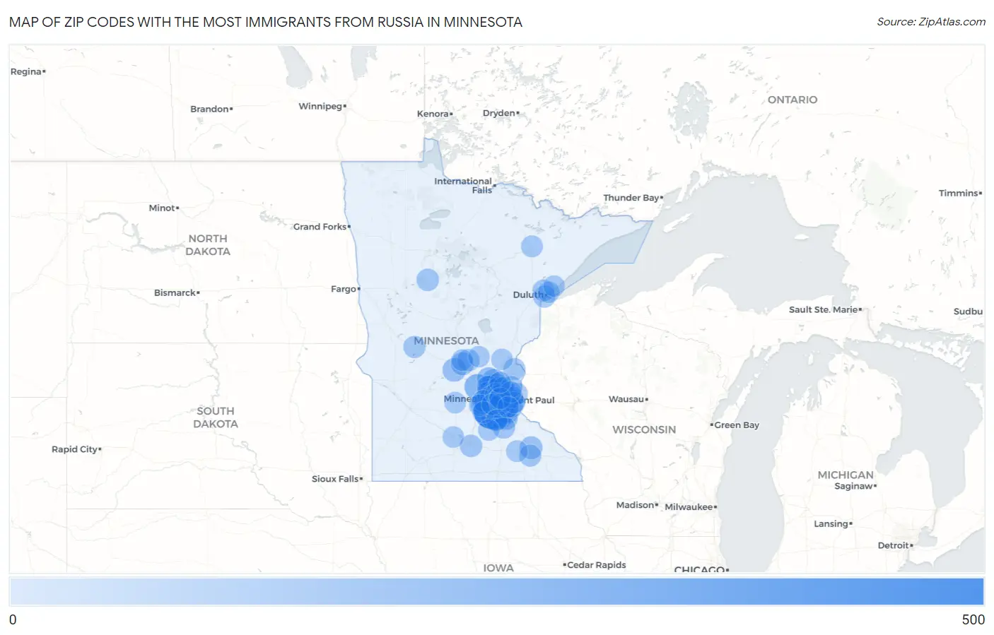 Zip Codes with the Most Immigrants from Russia in Minnesota Map