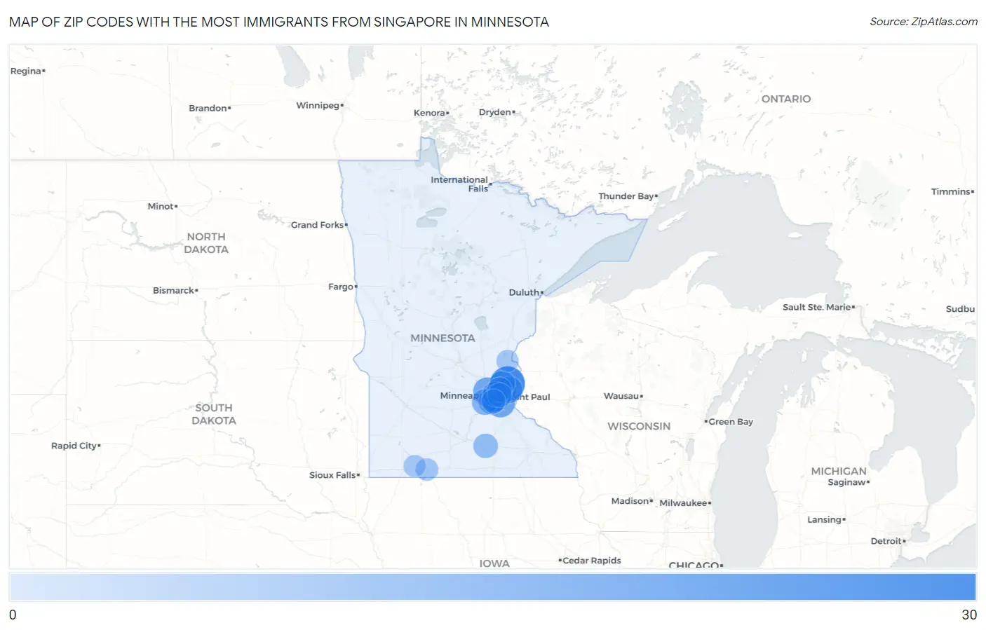 Zip Codes with the Most Immigrants from Singapore in Minnesota Map