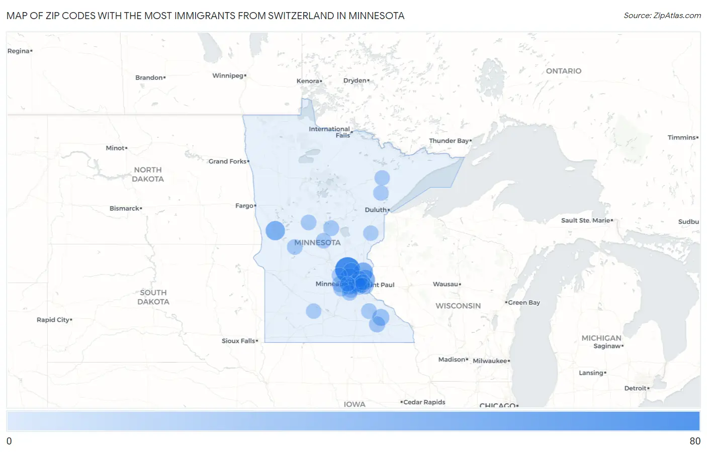 Zip Codes with the Most Immigrants from Switzerland in Minnesota Map