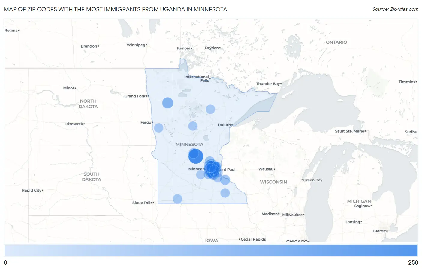 Zip Codes with the Most Immigrants from Uganda in Minnesota Map