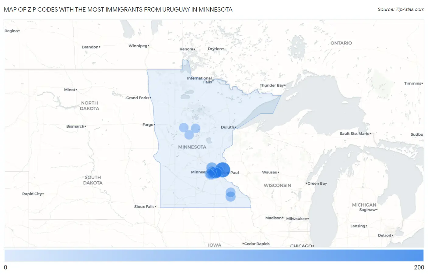 Zip Codes with the Most Immigrants from Uruguay in Minnesota Map