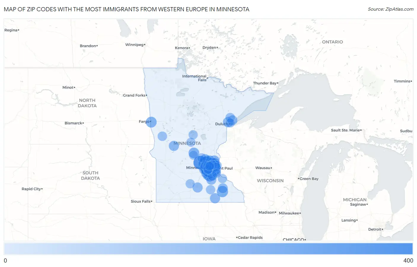 Zip Codes with the Most Immigrants from Western Europe in Minnesota Map