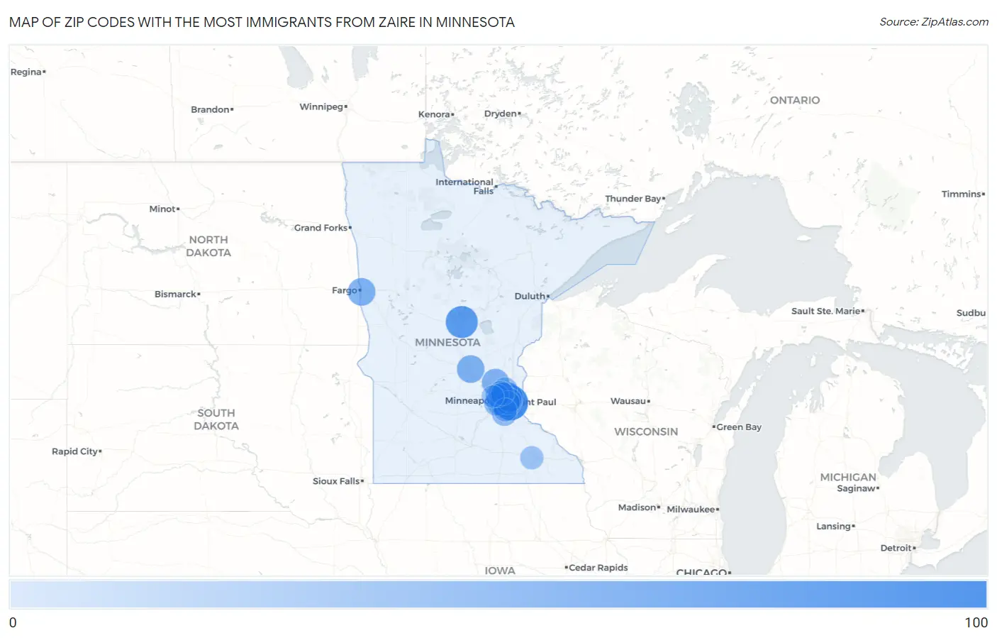 Zip Codes with the Most Immigrants from Zaire in Minnesota Map